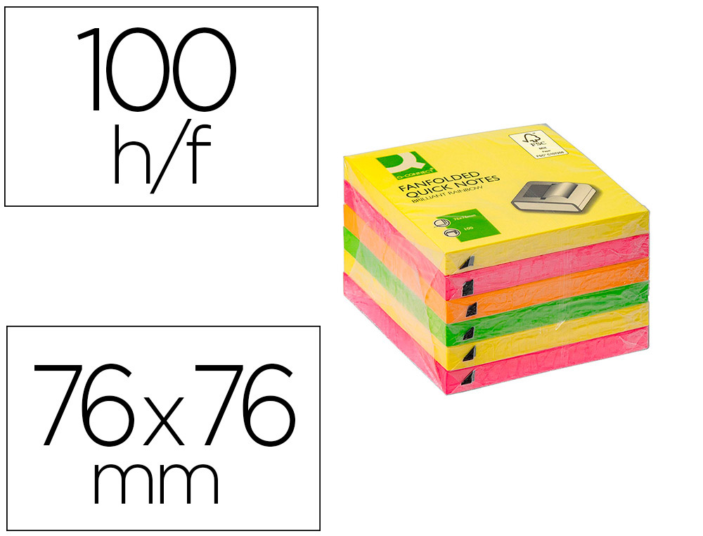 BLOC DE NOTAS ADHESIVAS QUITA Y PON Q-CONNECT 76X76 MM COLORES NEON SURTIDOS ZIG-ZAG