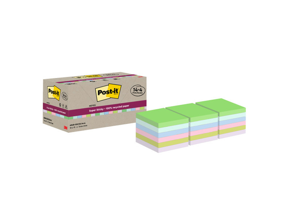 BLOC DE NOTAS ADHESIVAS QUITA Y PON POST-IT SUPER STICKY 76X76 MM 70 HOJAS RECICLADAS PAQUETE DE 14 UNIDADES