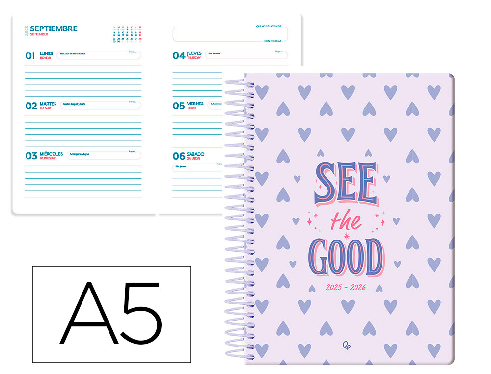 AGENDA ESCOLAR LIDERPAPEL 25-26 ESPIRAL PETITE CORAZONES SEMANA VISTA A5 BILINGE PAPEL FSC 80 GR
