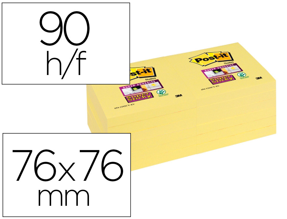 BLOC DE NOTAS ADHESIVAS QUITA Y PON POST-IT SUPER STICKY 76X76 MM CON 12 BLOC AMARILLO CANARIO