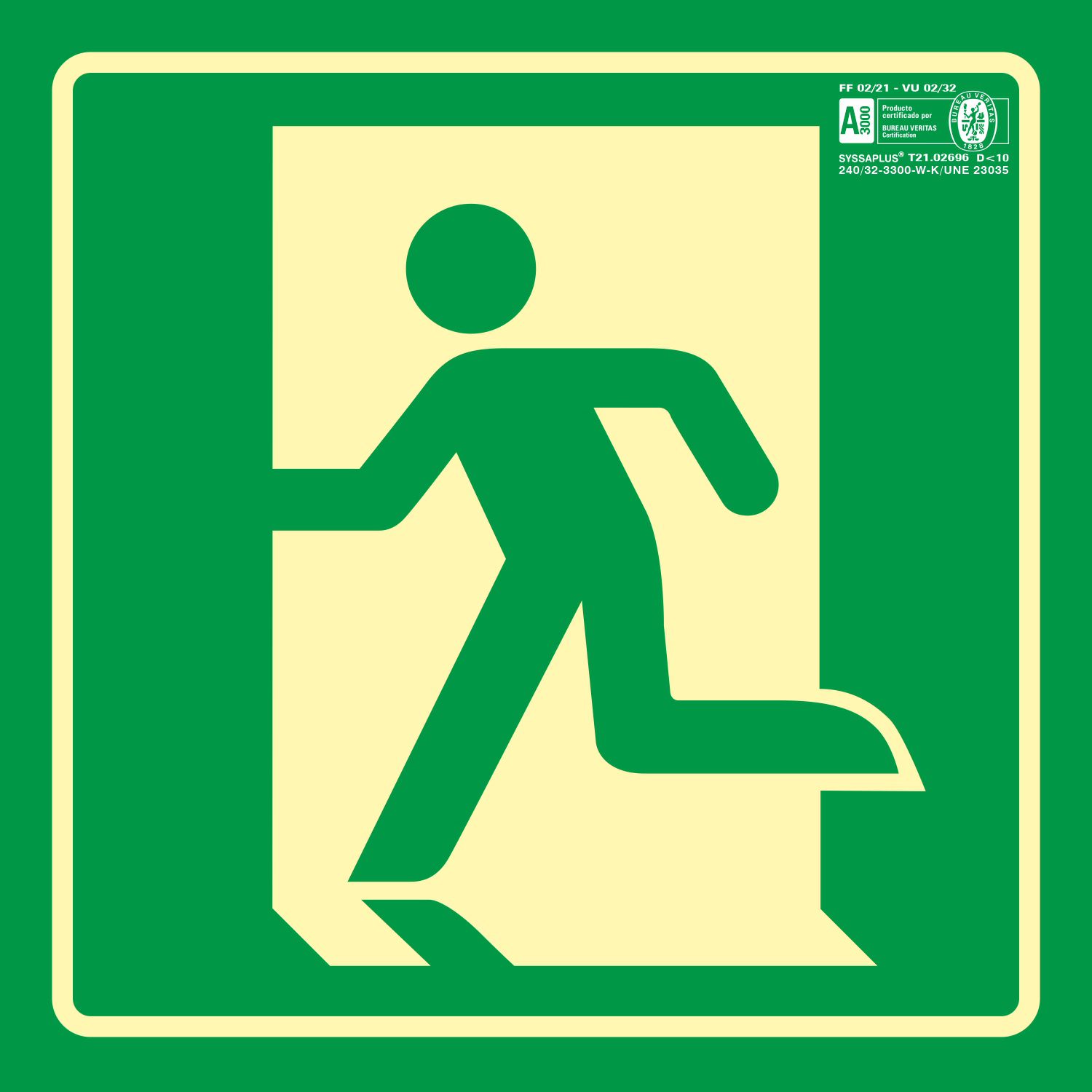 PICTOGRAMA SYSSA SEAL DE SALIDA DE EMERGENCIA IZQUIERDA EN PVC FOTOLUMINISCENTE 210X210 MM