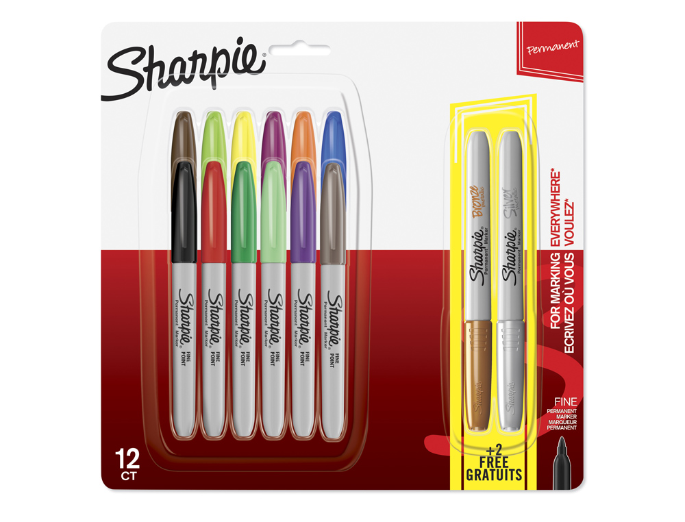 ROTULADOR SHARPIE PERMANENTE PUNTA FINA BLISTER DE 12 UNIDADES COLORES SURTIDOS + 2 UNIDADES COLOR