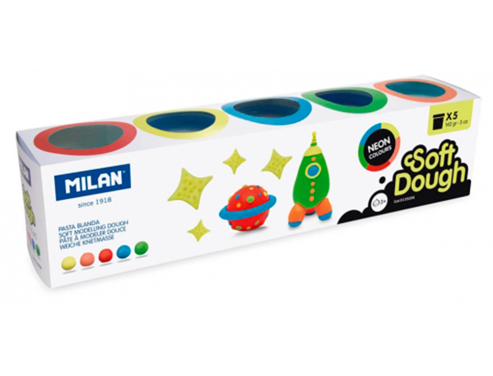 PASTA MILAN PARA MODELAR SOFT DOUGH NEON CAJA DE 5 BOTES COLORES SURTIDOS 142 G