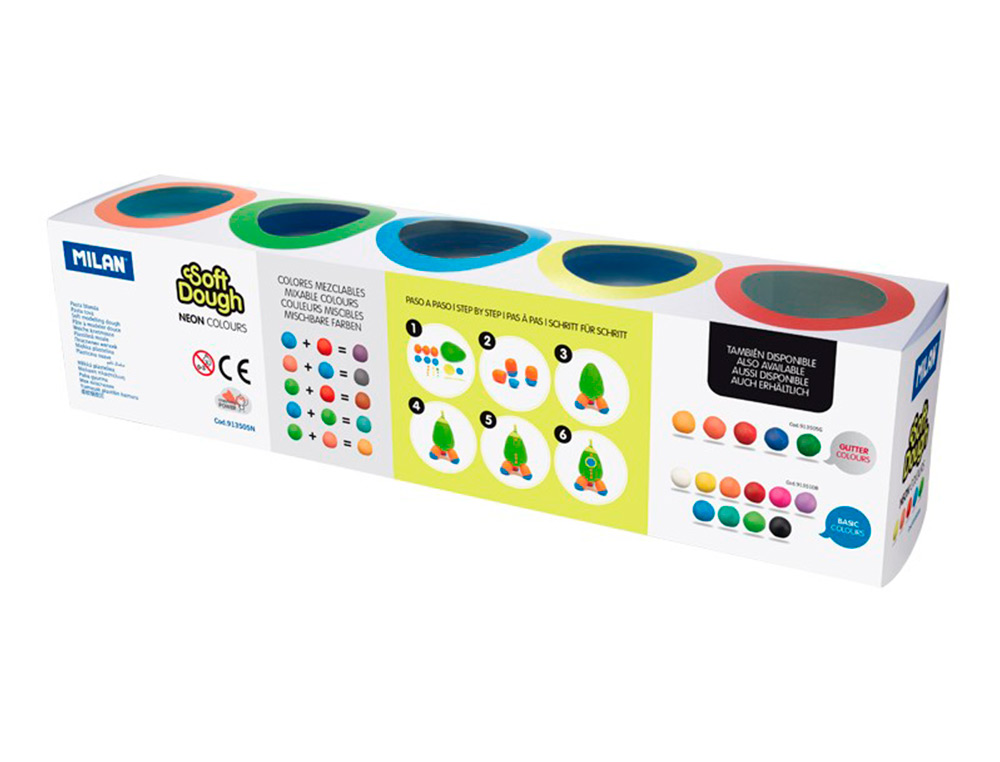 PASTA MILAN PARA MODELAR SOFT DOUGH NEON CAJA DE 5 BOTES COLORES SURTIDOS 142 G