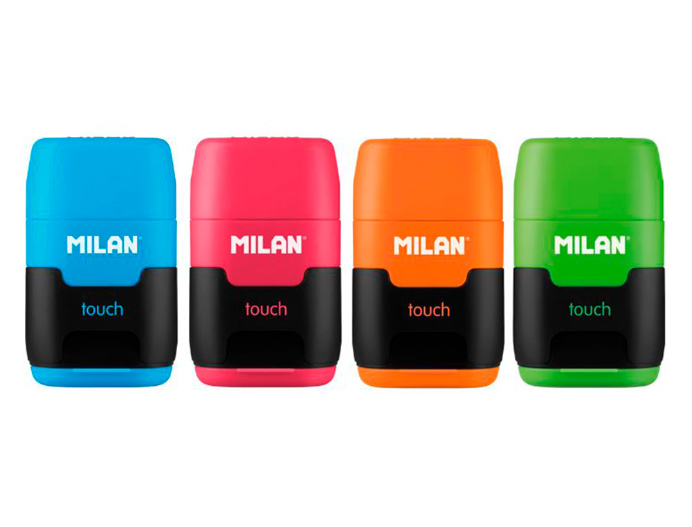 SACAPUNTAS MILAN COMPACT TOUCH DUO PLASTICO 2 USOS CON GOMA + 2 RECAMBIOS DE GOMA EN BLISTER