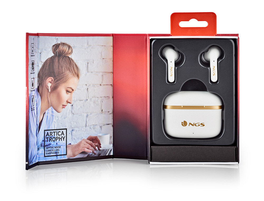AURICULAR NGS ARTICA TROPHY INALAMBRICO ALCANCE 10 M BASE DE CARGA CONTROL TACTIL AUTONOMIA 20 HORAS USB-C