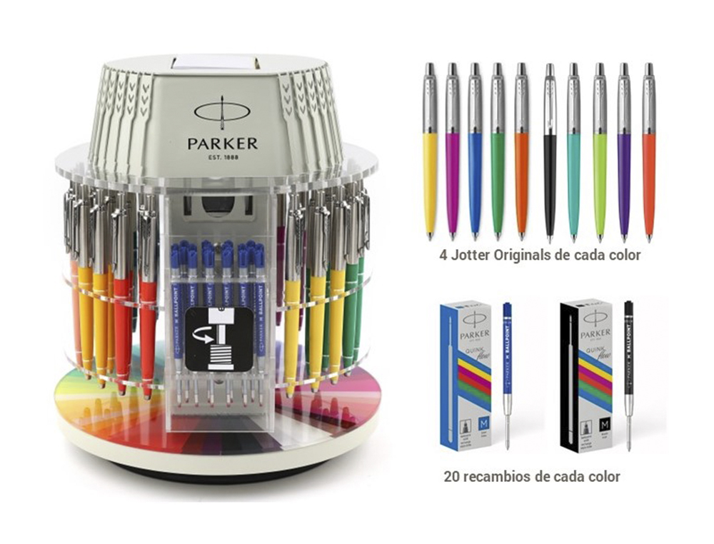 BOLIGRAFO PARKER JOTTER ORIGINALS EXPOSITOR CARROUSEL CON 40 UNIDADES COLORES SURTIDOS + 40 RECAMBIOS