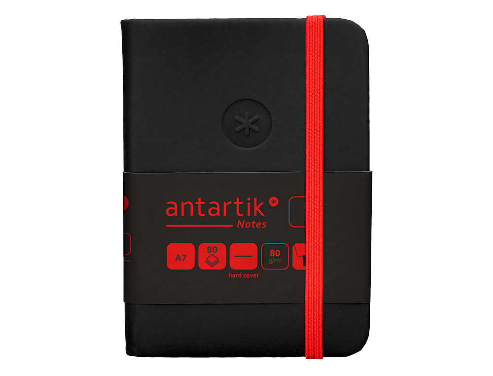 CUADERNO CON GOMILLA ANTARTIK NOTES TAPA DURA A7 HOJAS LISAS NEGRO Y ROJO 80 HOJAS 80 GR FSC