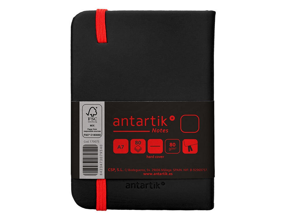 CUADERNO CON GOMILLA ANTARTIK NOTES TAPA DURA A7 HOJAS LISAS NEGRO Y ROJO 80 HOJAS 80 GR FSC