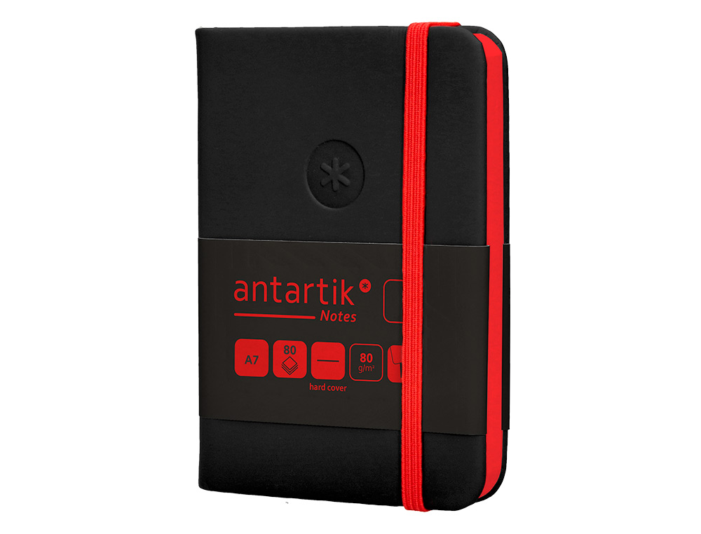 CUADERNO CON GOMILLA ANTARTIK NOTES TAPA DURA A7 HOJAS LISAS NEGRO Y ROJO 80 HOJAS 80 GR FSC