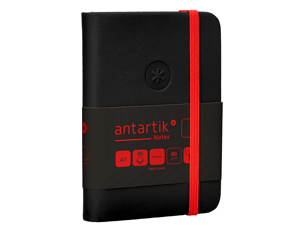 CUADERNO CON GOMILLA ANTARTIK NOTES TAPA DURA A7 HOJAS LISAS NEGRO Y ROJO 80 HOJAS 80 GR FSC