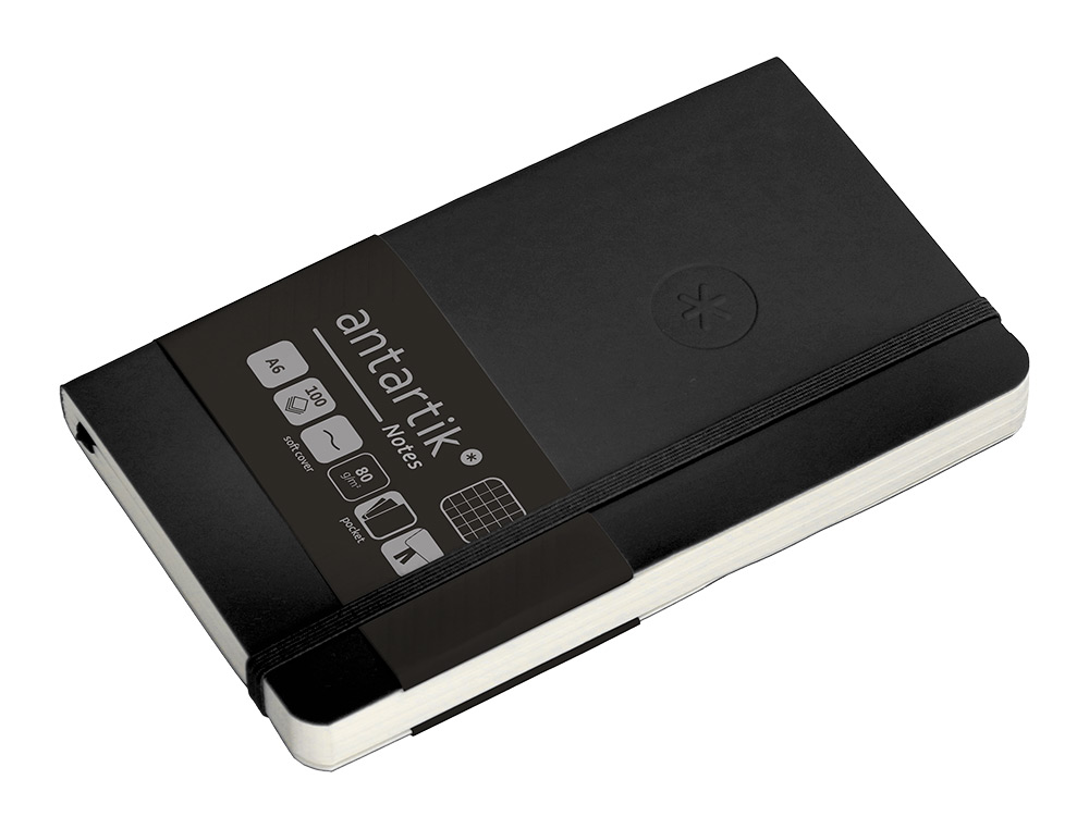 CUADERNO CON GOMILLA ANTARTIK NOTES TAPA BLANDA A6 CUADRICULA NEGRO 100 HOJAS 80 GR FSC
