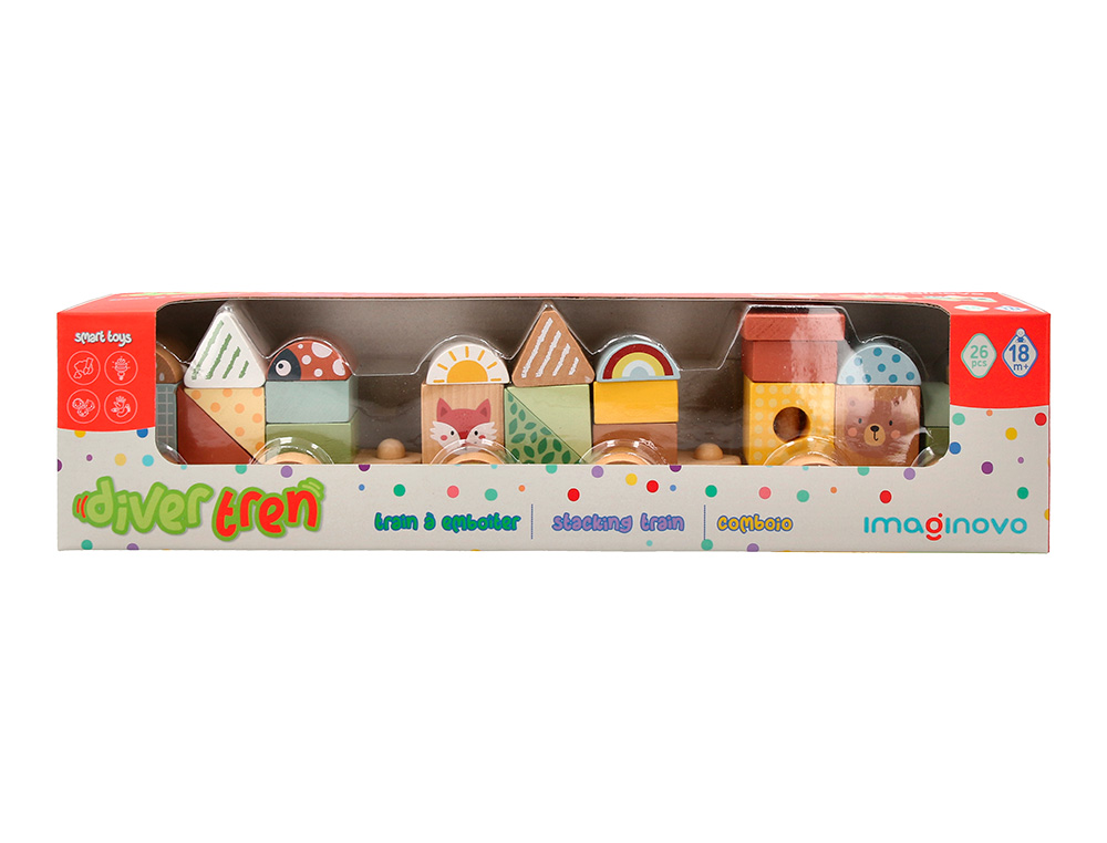 JUEGO INFANTIL IMAGINOVO MADERA TREN FIGURAS APILABLES CON RUEDAS +18 MESES 38X9,5X7,5CM