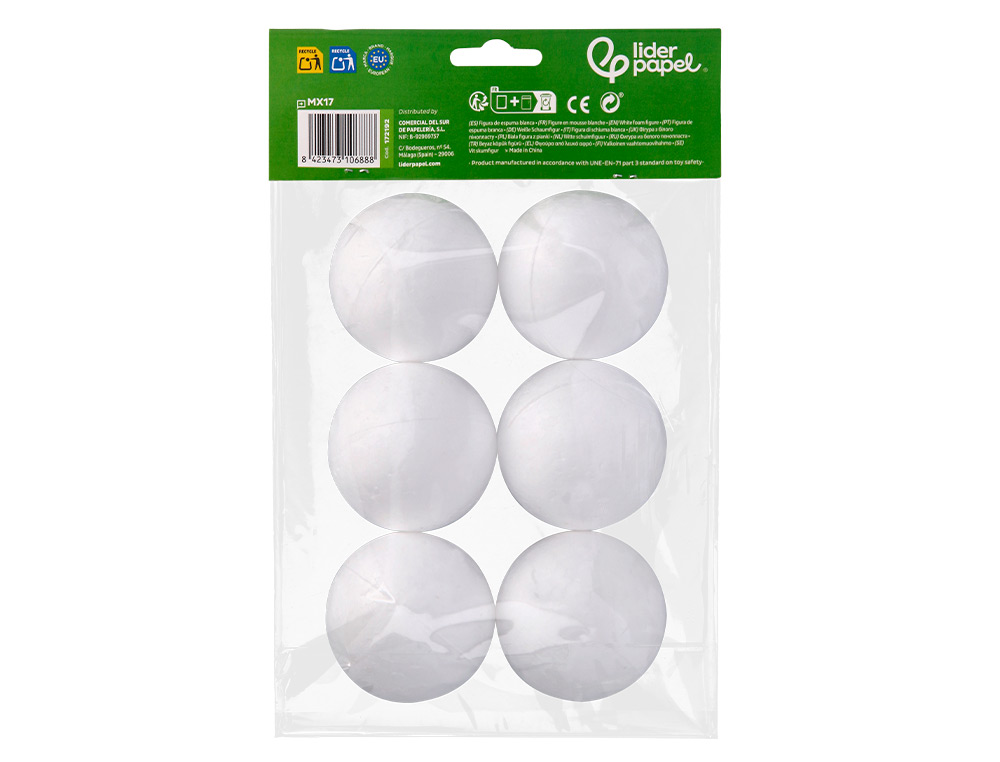 FIGURA DE ESPUMA BLANCA LIDERPAPEL BOLA DE 7 CM BOLSA CON 6 UNIDADES