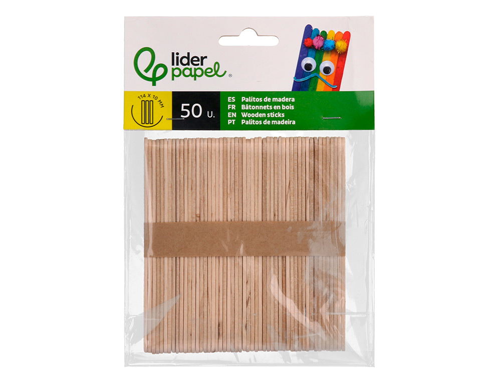 PALITOS DE MADERA LIDERPAPEL COLOR NATURAL 11,4 X 1 CM BOLSA CON 50 UNIDADES