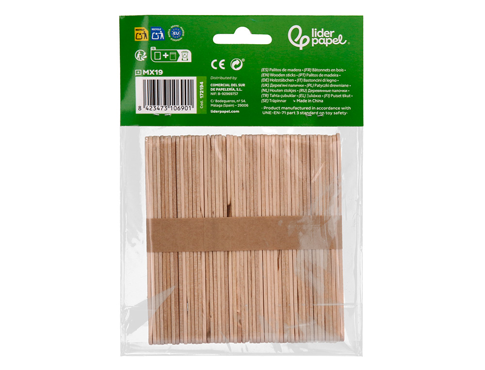 PALITOS DE MADERA LIDERPAPEL COLOR NATURAL 11,4 X 1 CM BOLSA CON 50 UNIDADES