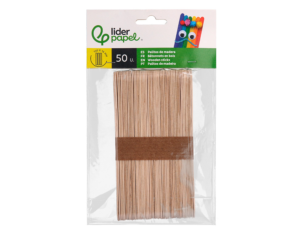 PALITOS DE MADERA LIDERPAPEL COLOR NATURAL 15 X 1,8 CM BOLSA CON 50 UNIDADES