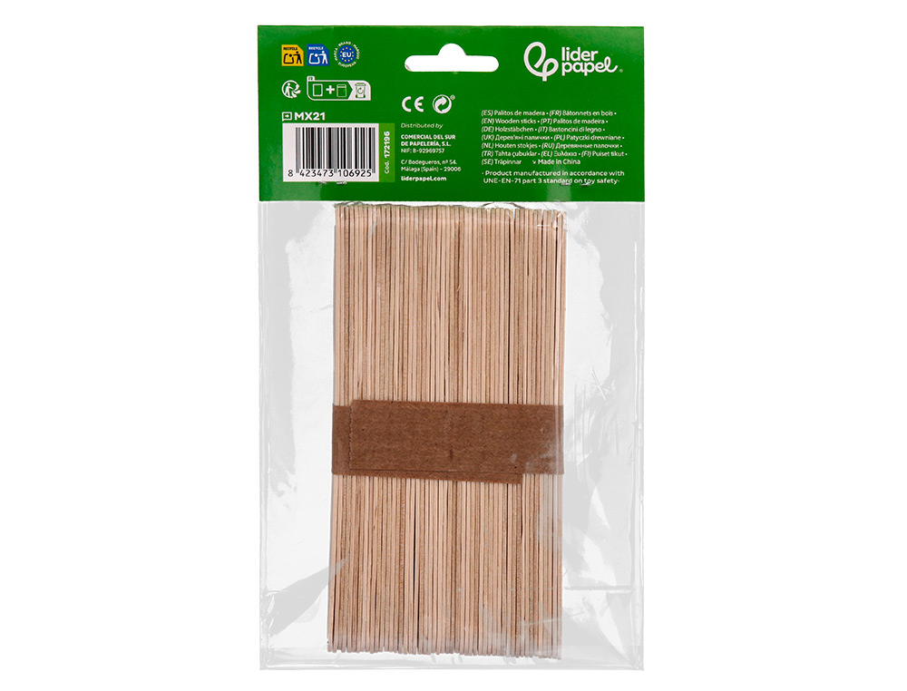 PALITOS DE MADERA LIDERPAPEL COLOR NATURAL 15 X 1,8 CM BOLSA CON 50 UNIDADES
