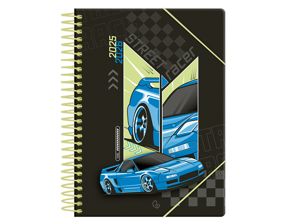 AGENDA ESCOLAR LIDERPAPEL 25-26 ESPIRAL CARS AZUL DIA PAGINA A5 BILINGÜE PAPEL FSC 80 GR