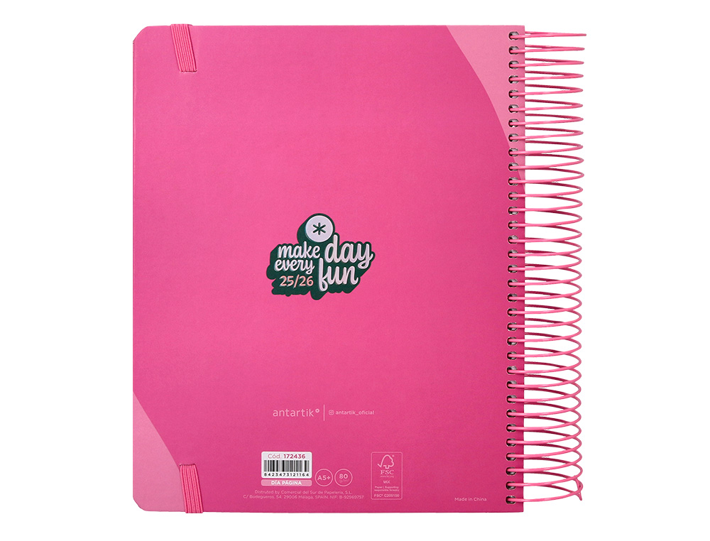 AGENDA ESCOLAR ANTARTIK 25-26 ESPIRAL FUN DAY FUCSIA DIA PAGINA A5 BILINGÜE PAPEL FSC 80 GR