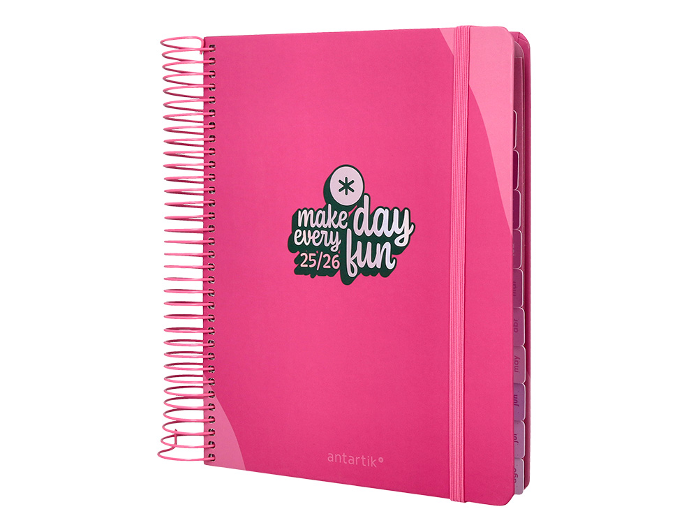 AGENDA ESCOLAR ANTARTIK 25-26 ESPIRAL FUN DAY FUCSIA DIA PAGINA A5 BILINGÜE PAPEL FSC 80 GR