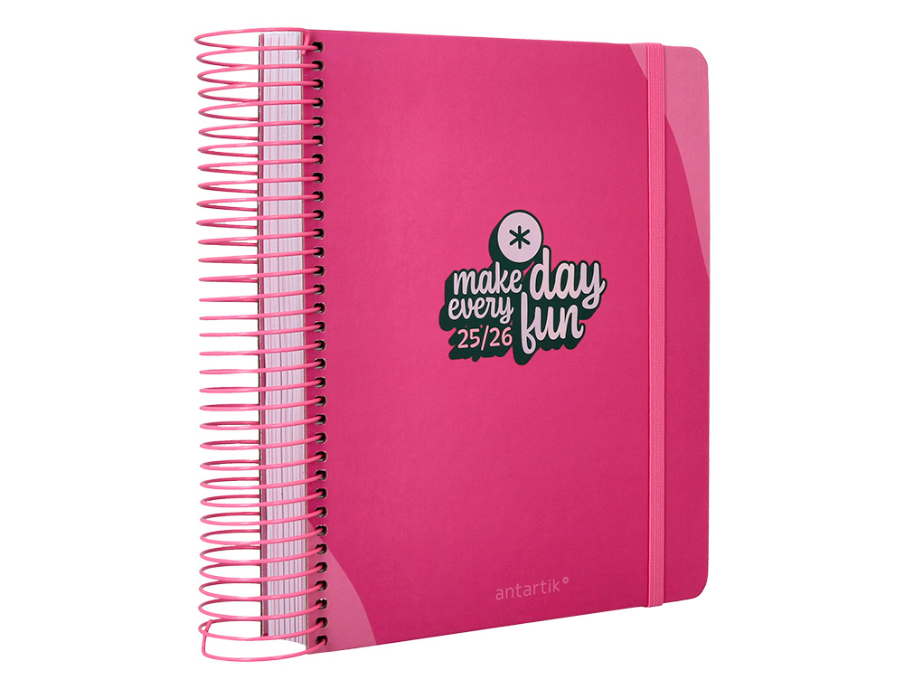 AGENDA ESCOLAR ANTARTIK 25-26 ESPIRAL FUN DAY FUCSIA DIA PAGINA A5 BILINGÜE PAPEL FSC 80 GR