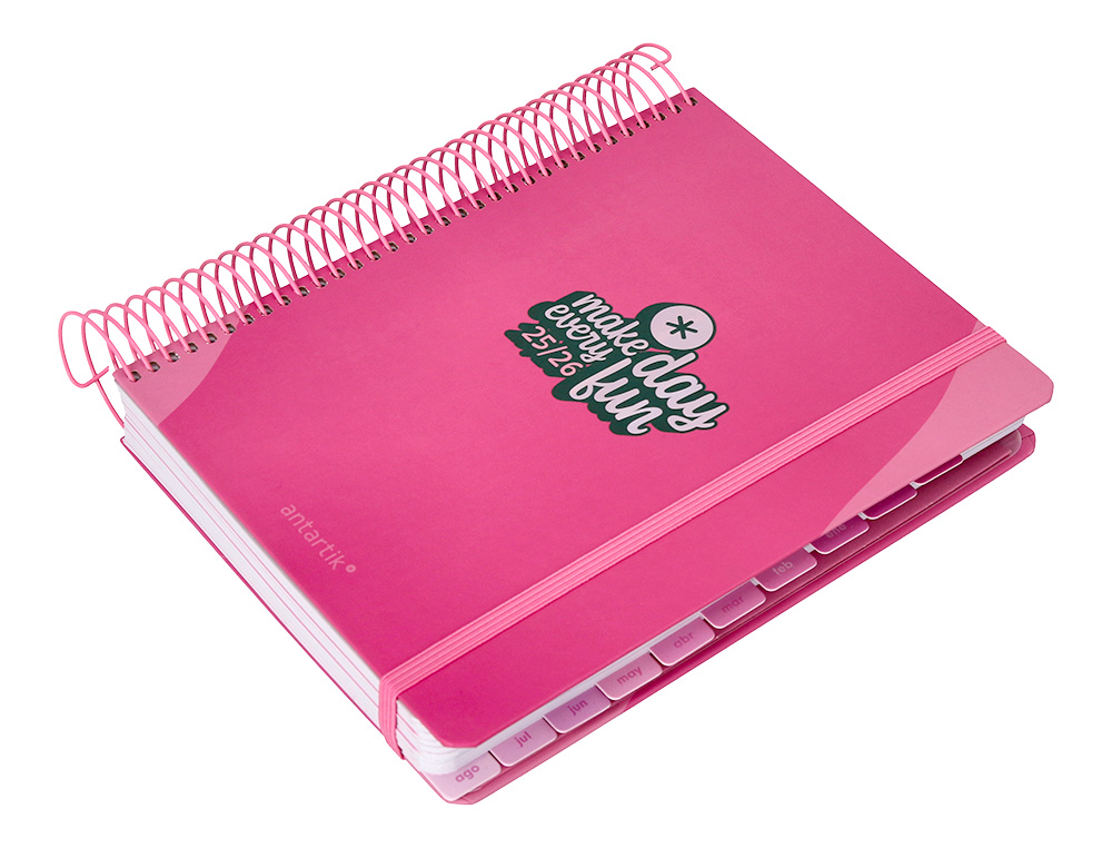 AGENDA ESCOLAR ANTARTIK 25-26 ESPIRAL FUN DAY FUCSIA DIA PAGINA A5 BILINGÜE PAPEL FSC 80 GR