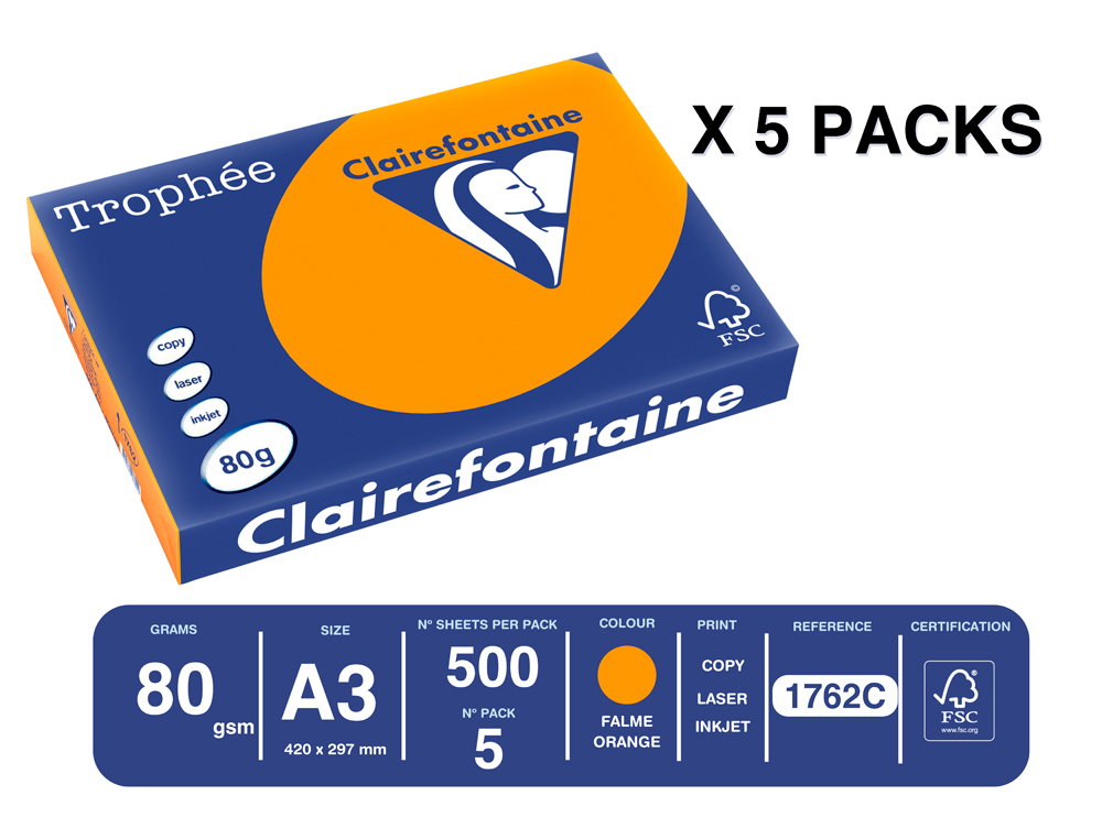 PAPEL COLOR TROPHEE A3 80GR NARANJA INTENSO PAQUETE DE 500 HOJAS