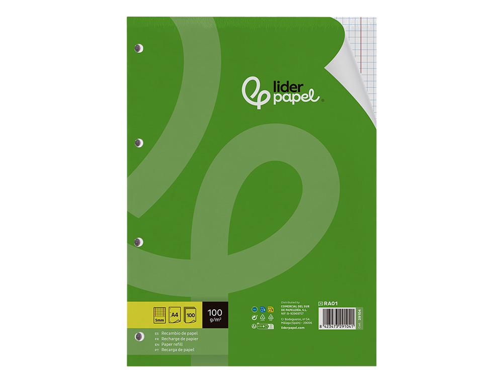 RECAMBIO LIDERPAPEL A4 100 HOJAS 100G/M2 CUADRO 5MM CON DOBLE MARGEN 4 TALADROS