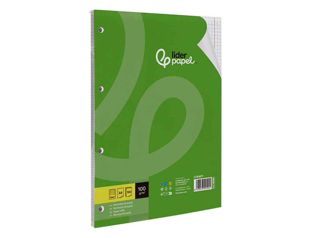 RECAMBIO LIDERPAPEL A4 100 HOJAS 100G/M2 CUADRO 5MM CON DOBLE MARGEN 4 TALADROS