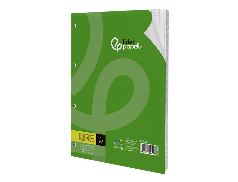 RECAMBIO LIDERPAPEL A4 100 HOJAS 100G/M2 CUADRO 5MM CON DOBLE MARGEN 4 TALADROS
