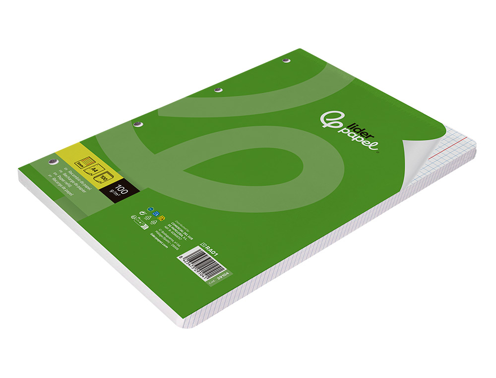 RECAMBIO LIDERPAPEL A4 100 HOJAS 100G/M2 CUADRO 5MM CON DOBLE MARGEN 4 TALADROS