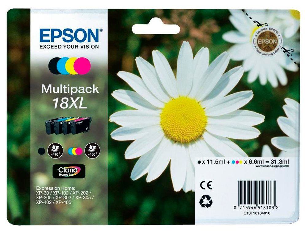 INK-JET EPSON MULTIPACK T18XL NEGRO AMARILLO CIAN Y MAGENTA XP-102 XP-205 XP-305 XP-405 CAPACIDAD 470 PAG