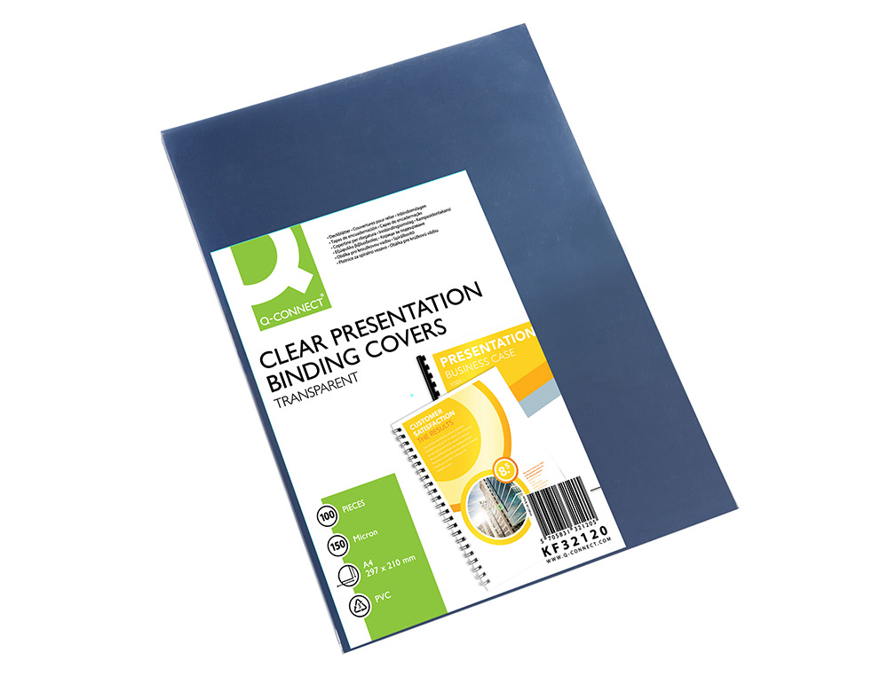 TAPA DE ENCUADERNACION Q-CONNECT PVC DIN A4 INCOLORA 150 MC PAQUETE DE 100 UNIDADES