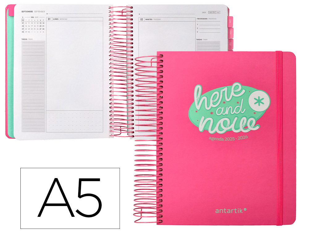 AGENDA ESCOLAR ANTARTIK 25-26 ESPIRAL HERE AND NOW ROSA DIA PAGINA A5 BILINGE PAPEL FSC 80 GR