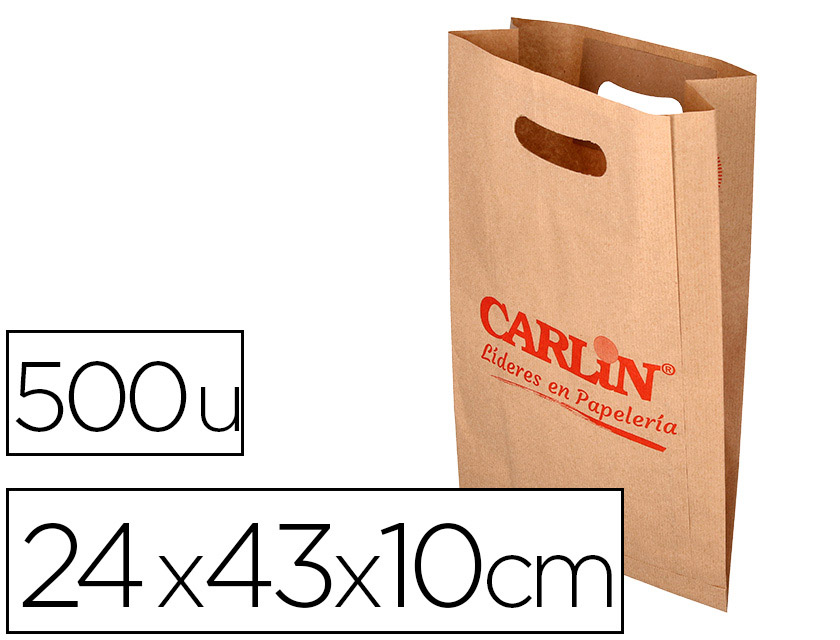 BOLSA KRAFT VERJURADO ASA TROQUELADO CARLIN 24X43+10 CM 60 GR CAJA DE 500 UNIDADES